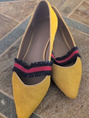 Anthropologie Yellow Pointed-Toe Flats with Navy & Pink Fringed Band